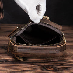 Dark Brown Leather Small Zipper Messenger Bag Vertical Side Bag Brown Courier Bag For Men