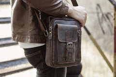 Dark Brown Leather Small Zipper Messenger Bag Vertical Side Bag Brown Courier Bag For Men