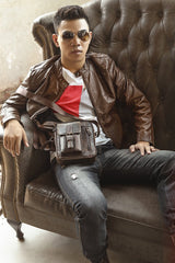 Dark Brown Leather Small Zipper Messenger Bag Vertical Side Bag Brown Courier Bag For Men