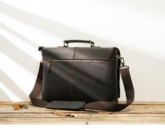 Dark Brown Leather Mens Large 14 inches Work Briefcase Laptop Bag Messenger Bags Work Side Bags for Men