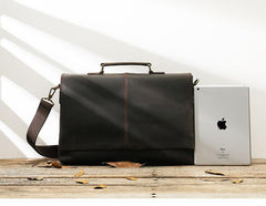 Dark Brown Leather Mens Large 14 inches Work Briefcase Laptop Bag Messenger Bags Work Side Bags for Men