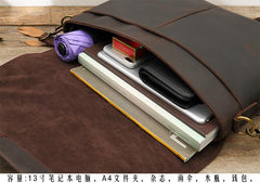 Dark Brown Leather Mens Large 14 inches Work Briefcase Laptop Bag Messenger Bags Work Side Bags for Men