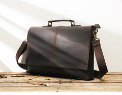 Dark Brown Leather Mens Large 14 inches Work Briefcase Laptop Bag Messenger Bags Work Side Bags for Men