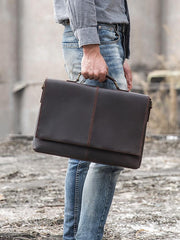 Dark Brown Leather Mens Large 14 inches Work Briefcase Laptop Bag Messenger Bags Work Side Bags for Men
