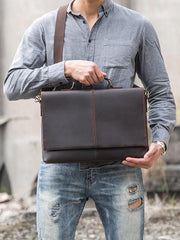 Dark Brown Leather Mens Large 14 inches Work Briefcase Laptop Bag Messenger Bags Work Side Bags for Men