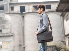 Dark Brown Leather Mens Large 14 inches Work Briefcase Laptop Bag Messenger Bags Work Side Bags for Men