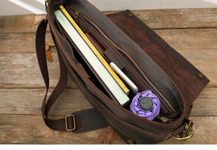 Dark Brown Leather Mens Large 14 inches Work Briefcase Laptop Bag Messenger Bags Work Side Bags for Men