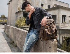 Dark Brown Cool Mens 13 inches Leather Backpacks Travel Backpacks Brown Laptop Backpack for men