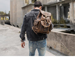 Dark Brown Cool Mens 13 inches Leather Backpacks Travel Backpacks Brown Laptop Backpack for men
