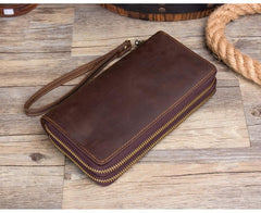 Cool Dark Brown Mens Bifold Zipper Long Wallet Clutch Wallet Wristlet CellPhone Wallet for Men