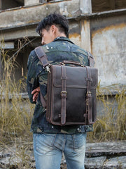 Dark Brown Fashion Mens Leather 13-inch Computer Backpacks Travel Backpacks Brown School Backpack for men