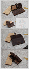 Handmade Dark Brown Leather Mens Bifold Long Wallet Cards Long Wallet For Men