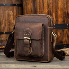 Casual Dark Brown Leather Mens Mini Vertical Messenger Bag Small Side Bags Postman Bag for Men