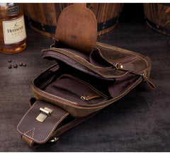 Cool Brown Leather Mens Sling Bag Sling Pack Crossbody Backpack Chest Bag for men