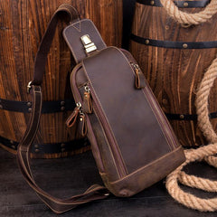 Cool Brown Leather Mens Sling Bag Sling Pack Crossbody Backpack Chest Bag for men