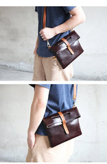 Dark Coffee  Leather Mens Casual Small Side Bags Messenger Bags Brown Postman Bag For Men
