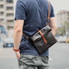Dark Coffee  Leather Mens Casual Small Side Bags Messenger Bags Brown Postman Bag For Men