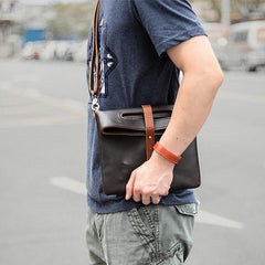 Dark Coffee  Leather Mens Casual Small Side Bags Messenger Bags Brown Postman Bag For Men