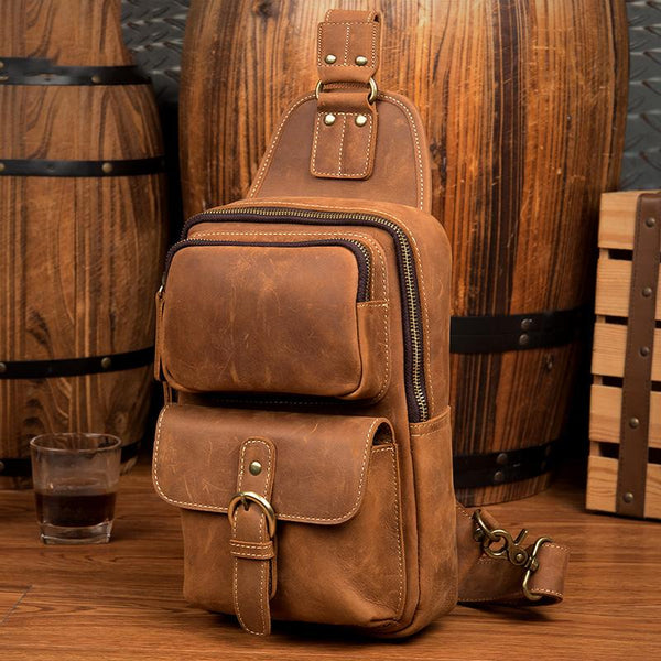 Cool Brown Leather Mens Sling Pack Sling - Back View