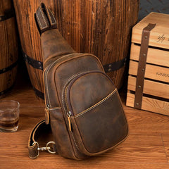 Cool Dark Brown Leather Mens Crossbody Pack Sling Bags Brown One Shoulder Pack Chest Bag for men
