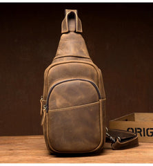 Cool Dark Brown Leather Mens Crossbody Pack Sling Bags Brown One Shoulder Pack Chest Bag for men