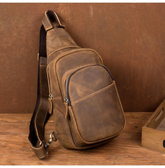 Cool Dark Brown Leather Mens Crossbody Pack Sling Bags Brown One Shoulder Pack Chest Bag for men