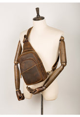 Cool Dark Brown Leather Mens Crossbody Pack Sling Bags Brown One Shoulder Pack Chest Bag for men