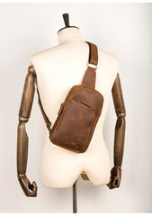 Dark Brown Leather Mens Cool Sling Bags Brown Crossbody Pack Chest Bag One Shoulder Backpack for men