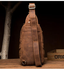 Cool Dark Brown Leather Mens Sling Pack Sling Bags Light Brown Crossbody Pack Chest Bag for men