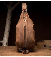 Cool Dark Brown Leather Mens Sling Pack Sling Bags Light Brown Crossbody Pack Chest Bag for men