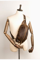 Cool Dark Brown Leather Mens Sling Pack Sling Bags Light Brown Crossbody Pack Chest Bag for men