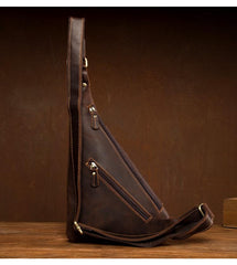 Vintage Brown Leather Mens Sling Bag Coffee Cool Crossbody Pack Chest Bag for men