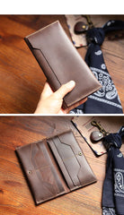 Vintage Brown Leather Mens Long Wallet Bifold Long Wallet Brown Phone Clutch Wallet For Men