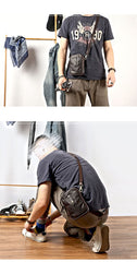 Dark Brown Vintage Leather Mens Small Messenger Bag Waist Bag Black Belt Pouch Bag For Men