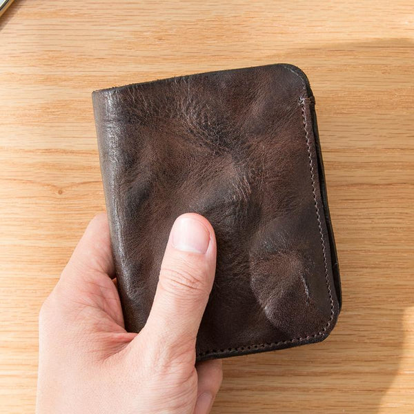 Dark Brown Wrinkled Leather Mens Front Pocket Card Wallets Bifold Vintage billfo HB00991007