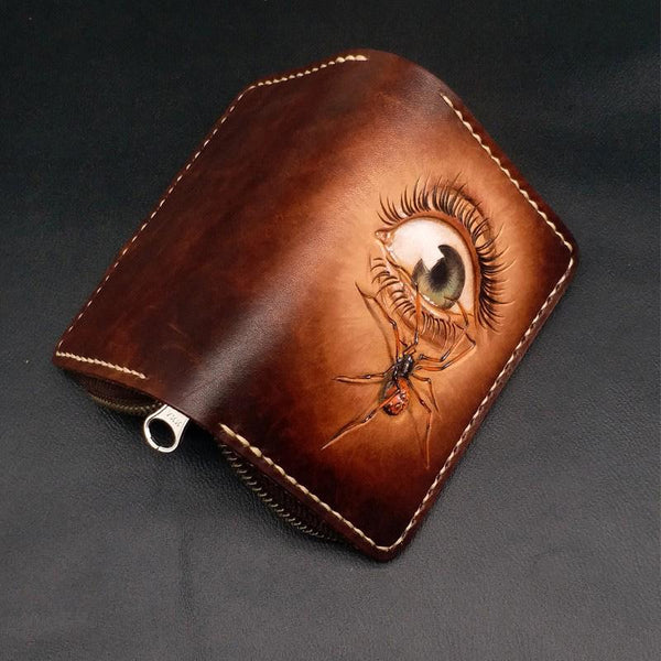 Dark Coffee Handmade Tooled Eye and Spider Leather Mens Key Wallet Holders For M QJ04201004