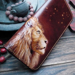 Dark Coffee Handmade Tooled Lion Leather Mens Bifold Long Wallet Zipper Clutch For Men