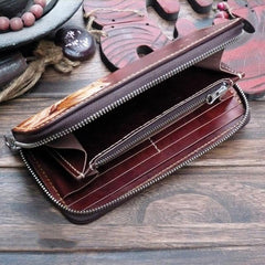 Dark Coffee Handmade Tooled Lion Leather Mens Bifold Long Wallet Zipper Clutch For Men