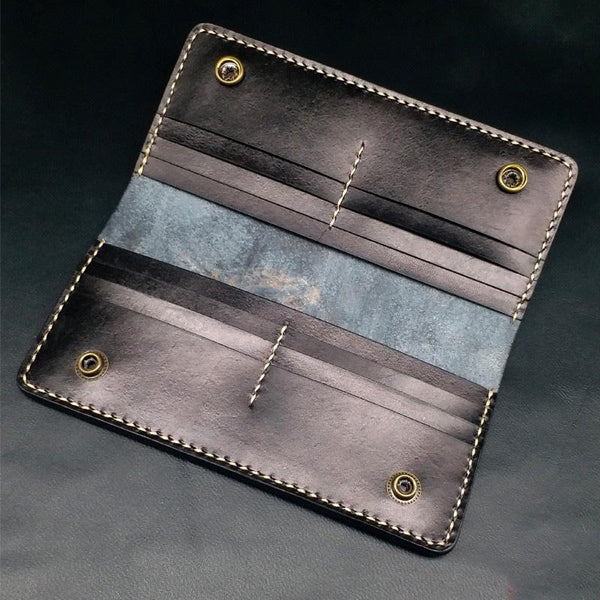 Dark Coffee Handmade Tooled Three Skulls Leather Mens Long Wallet Bifold Clutch QJ08501007