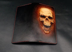 Dark Coffee Handmade Tooled Smiling Skull Leather Mens Bifold Long Wallet Clutch For Men