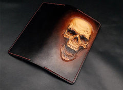 Dark Coffee Handmade Tooled Smiling Skull Leather Mens Bifold Long Wallet Clutch For Men
