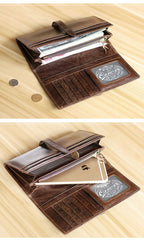 Dark Coffee Leather Mens Bifold Long Wallet Multi-cards Bifold Long Wallet For Men