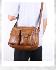 Brown Cool Leather Mens 14 inches Side Bag Gray Courier Bag Messenger Bag for Men
