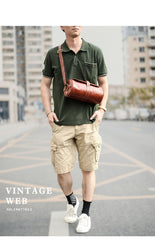Brown Leather Mens Casual Bucket Shoulder Bag Barrel Messenger Bags Postman Bag For Men
