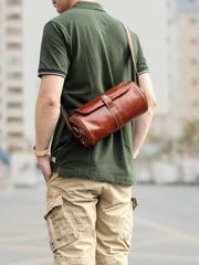 Brown Leather Mens Casual Bucket Shoulder Bag Barrel Messenger Bags Postman Bag For Men