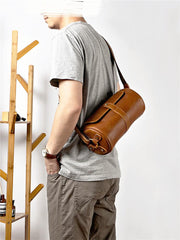 Brown Leather Mens Casual Bucket Shoulder Bag Barrel Messenger Bags Postman Bag For Men