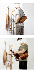 Brown Leather Mens Casual Bucket Shoulder Bag Barrel Messenger Bags Postman Bag For Men