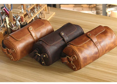 Brown Leather Mens Casual Bucket Shoulder Bag Barrel Messenger Bags Postman Bag For Men