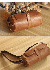 Brown Leather Mens Casual Bucket Shoulder Bag Barrel Messenger Bags Postman Bag For Men