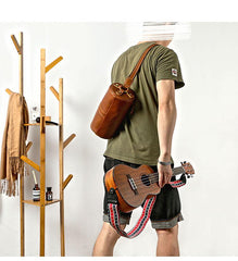 Brown Leather Mens Casual Bucket Shoulder Bag Barrel Messenger Bags Postman Bag For Men